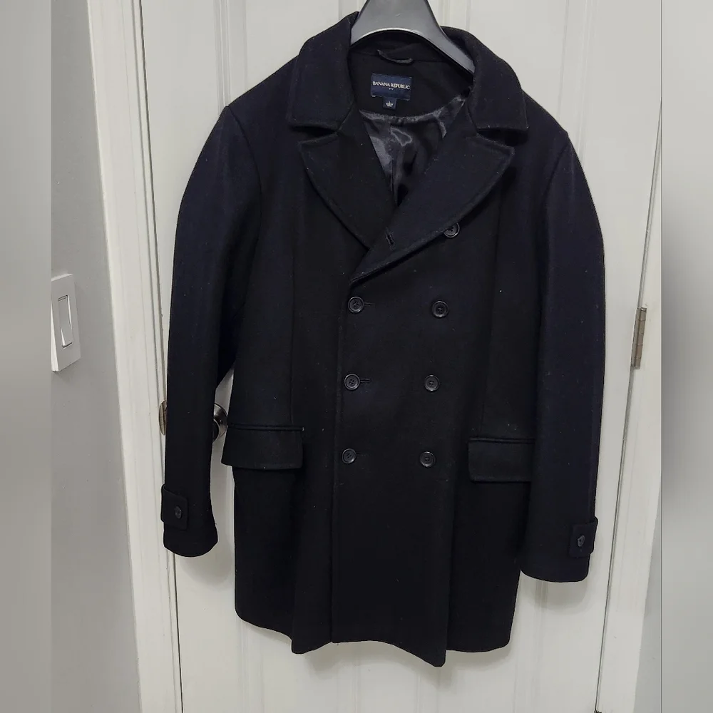 Banana Republic Wool Peacoat Jacket Mens Large Black Plaid Double Breasted - Picture 1 of 15
